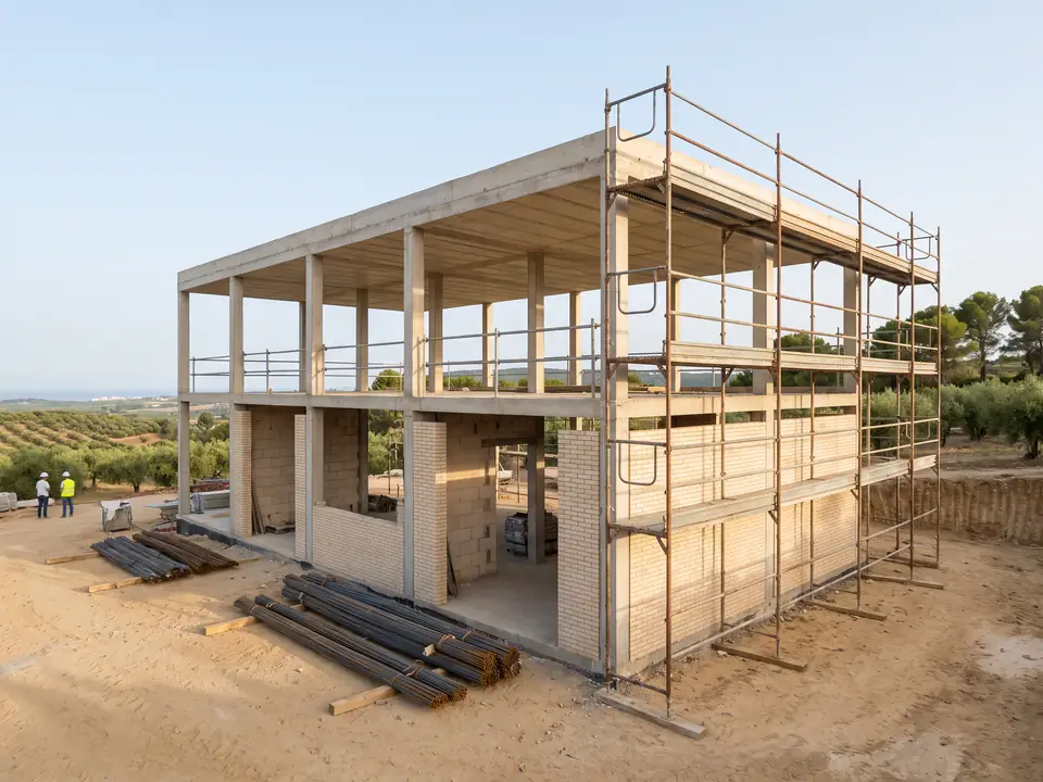 Zeytinlik arazide iki katlı betonarme villa karkası, korkuluklu iskele ve baretli, yelekli çalışanlar