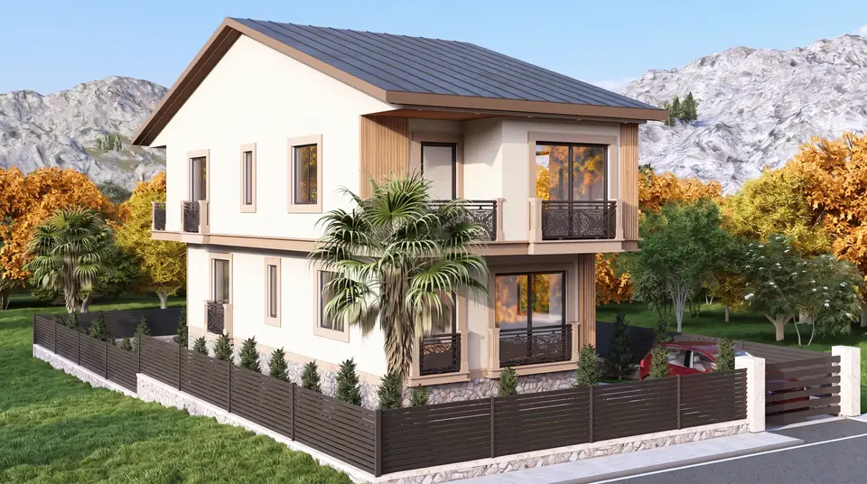 Ahşap detaylı, beşik çatılı iki katlı villa – firmamızın tasarımından 3D görselleştirme