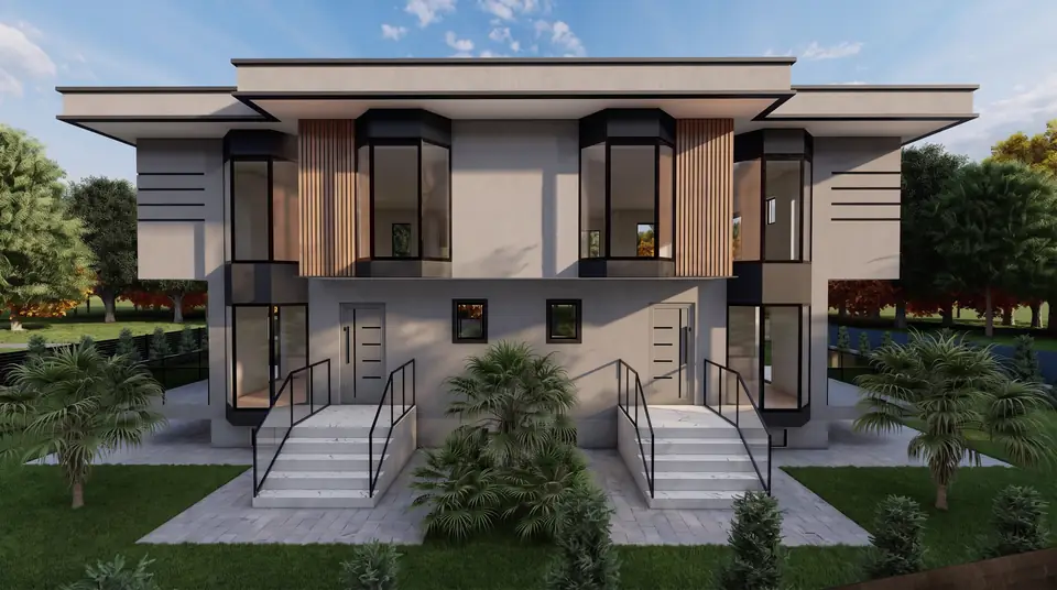 İkiz Villa – ön cephe, firmamızın tasarımından 3D görselleştirme