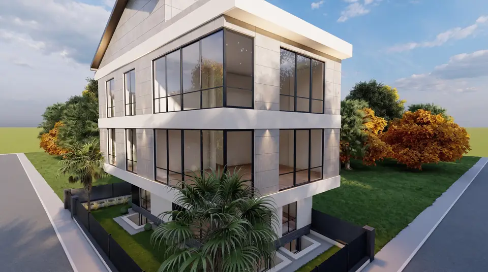 Üç Katlı Modern Konut – köşe cephe, firmamızın tasarımından 3D görselleştirme